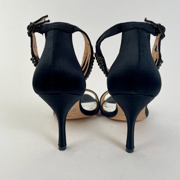 Badgley Mischka Dazzler Black Satin Strappy Heels With Beaded Ankle Strap, Sz 9 - Picture 4 of 10